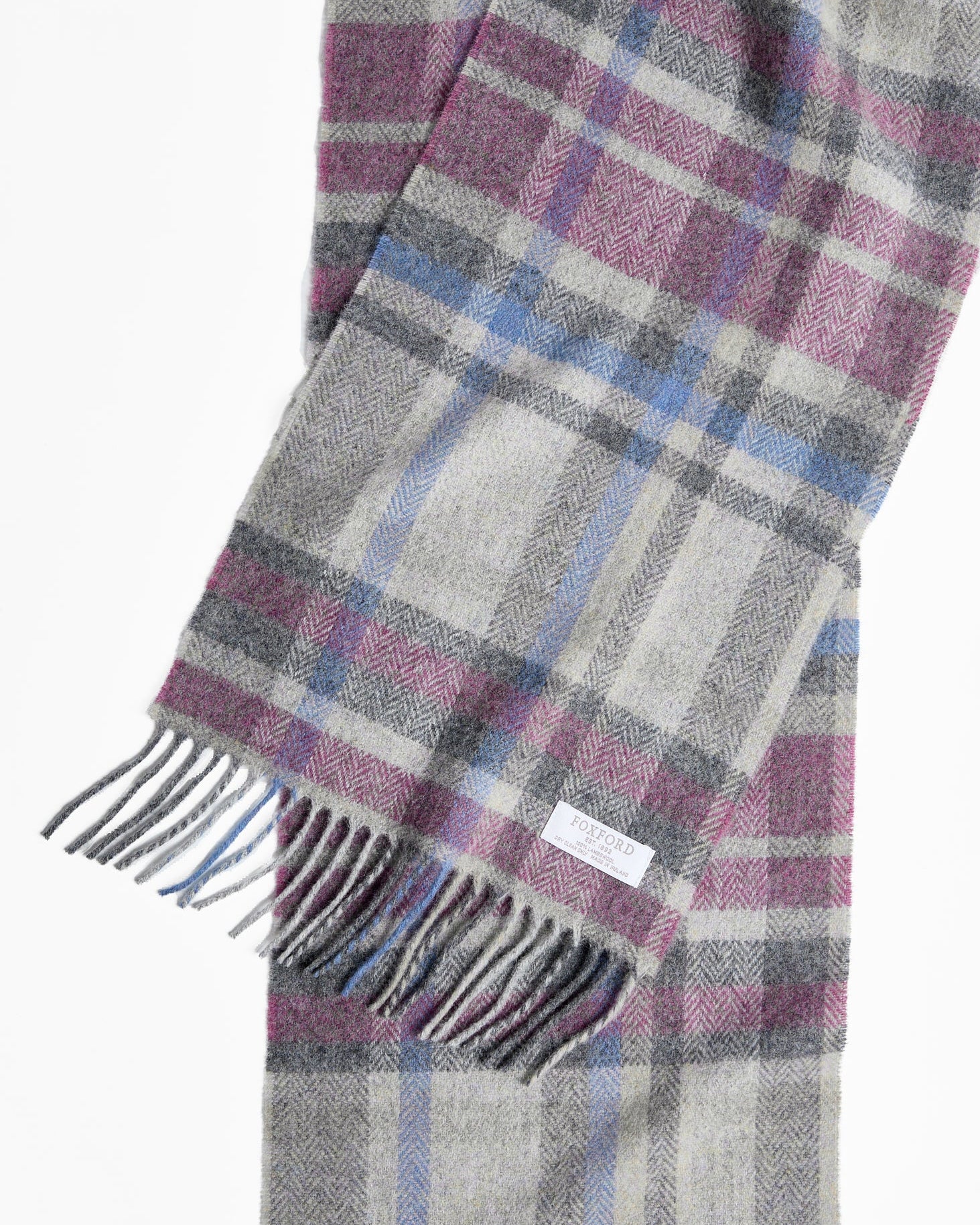 Foxford Damask Grey Tartan Lambswool Scarf - Image 3