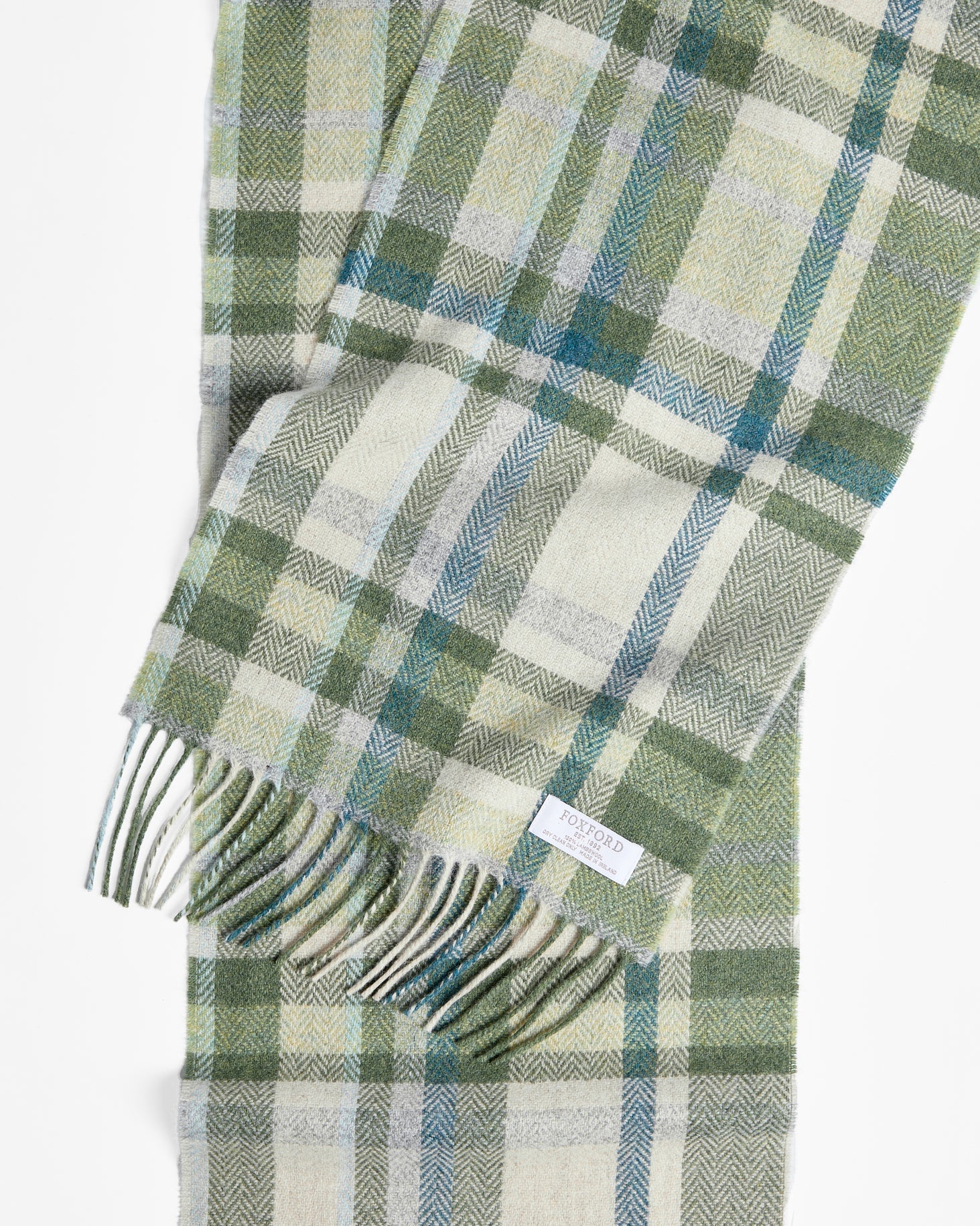 Foxford Green & Cream Tartan Lambswool Scarf - Image 3