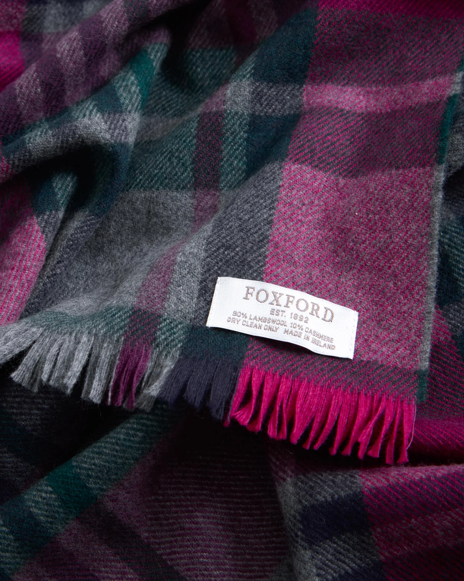 Foxford Petunia Tartan Fine Wool Cashmere Blend Scarf - Image 3