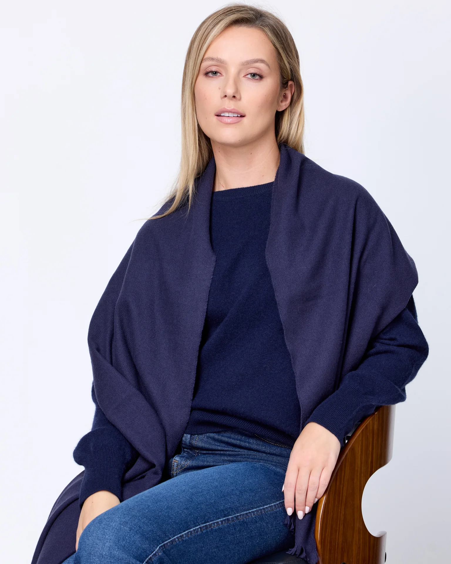 Foxford Solid Navy Fine Wool Cashmere Blend Scarf - Image 4